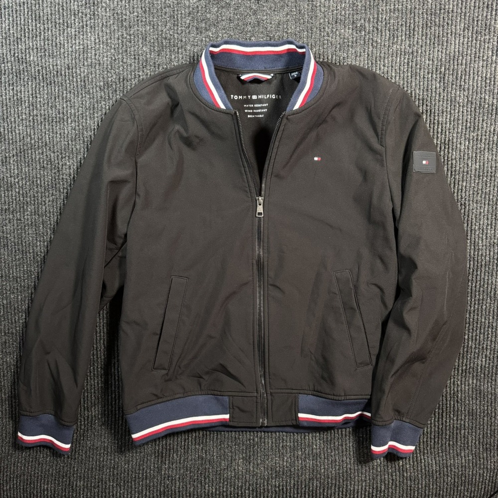 Tommy Hilfiger Soft Shell Full Zip Bomber Jacket Black Men L Water/Wind Resist